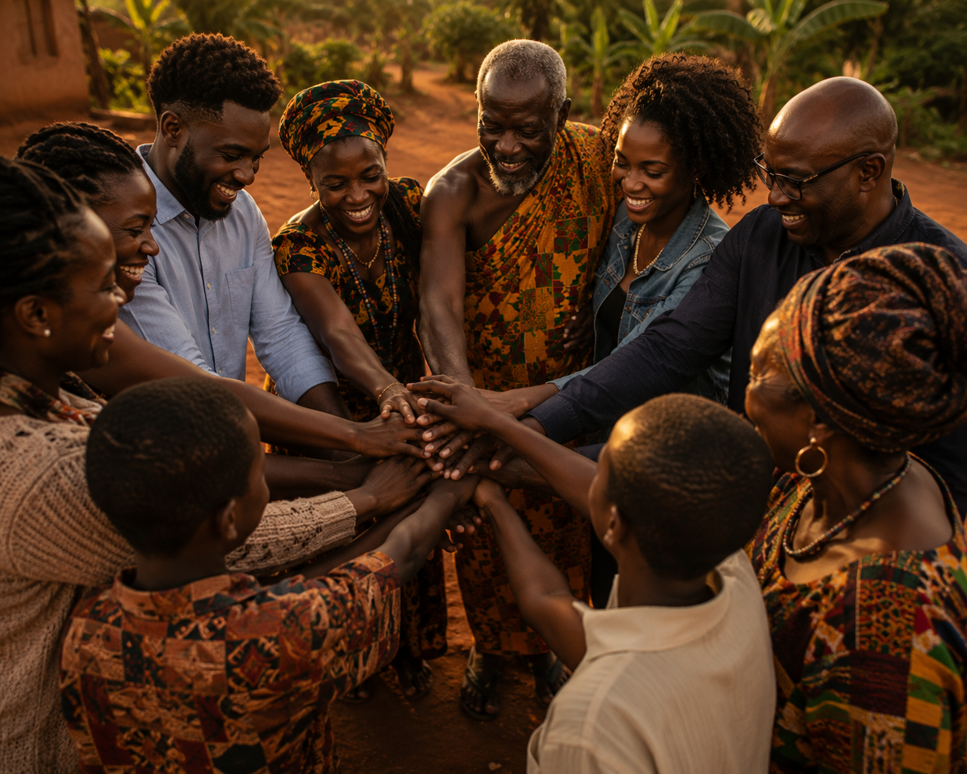A multi-generational group of Black people standing in a circle outdoors, placing their hands together in unity